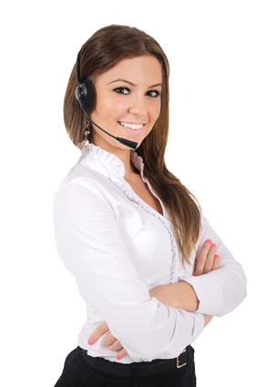 Isolated young business woman with headphone